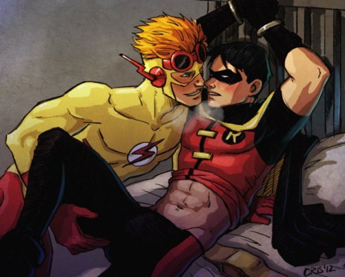 2boys abs batman_(series) black_hair black_hair_bottom blush bondage crisart dc dc_comics dick_grayson domination domino_mask earth_16 gay goggles human kid_flash light_hair_on_dark_hair male male_only multiple_males red_hair red_hair_on_black_hair red_hair_top robin_(dc) robin_(dick_grayson) robin_(young_justice) shirt_lift teen_titans the_flash_(series) wally_west yaoi young_justice