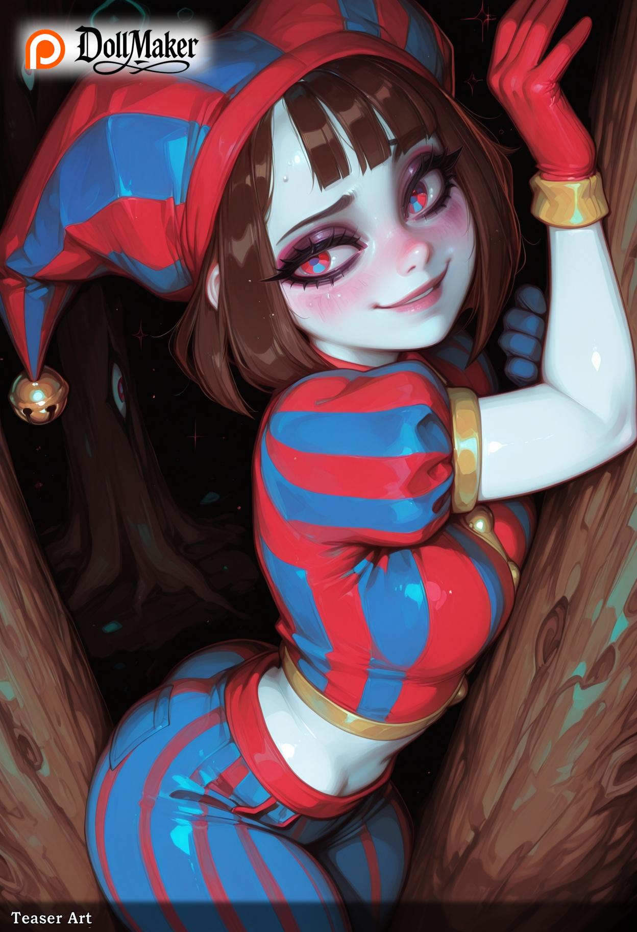 ai_generated ass bangs blush bob_cut breasts brown_hair colored_skin dollmaker dollmaker_(artist) female gloves glowing lips patreon_logo patreon_username red_gloves short_hair smile solo sparkle striped symbol-shaped_pupils tagme watermark web_address