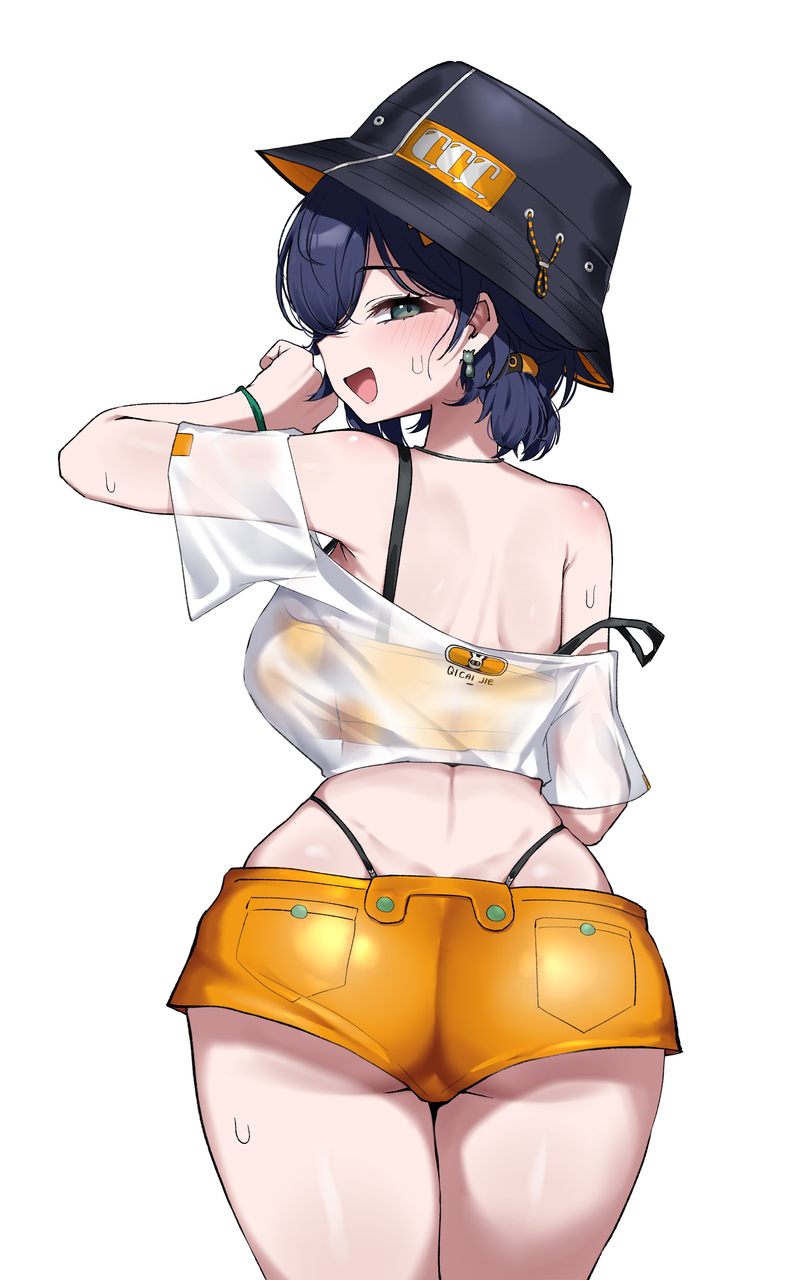 1girls, absurdres, alternate costume, ass, belle (summer skies) (zenless zone zero), belle (zenless zone zero), bikini, bikini under shorts, blue hair, bucket hat, commentary, female, female only, fisherman hat, from behind, green eyes, hahyaha, hat, highres, looking at viewer, looking back, official alternate costume, orange bikini, orange shorts, see-through clothes, see-through shirt, shirt, short hair, short shorts, shorts, simple background, solo, streetwear, swimsuit, swimwear, symbol-only commentary, thighs, white background, white shirt, zenless zone zero