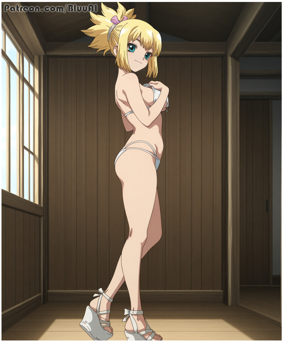 1girls ai_generated bikini bluu_ai dr.stone full_body kohaku_(dr.stone) solo swimsuit underwear wedge_heels white_bikini
