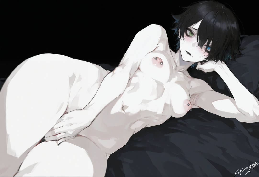 ai generated, black lipstick, covering pussy, female, goth, heterochromia, kizirugai, petite, pierced nipples, pussy
