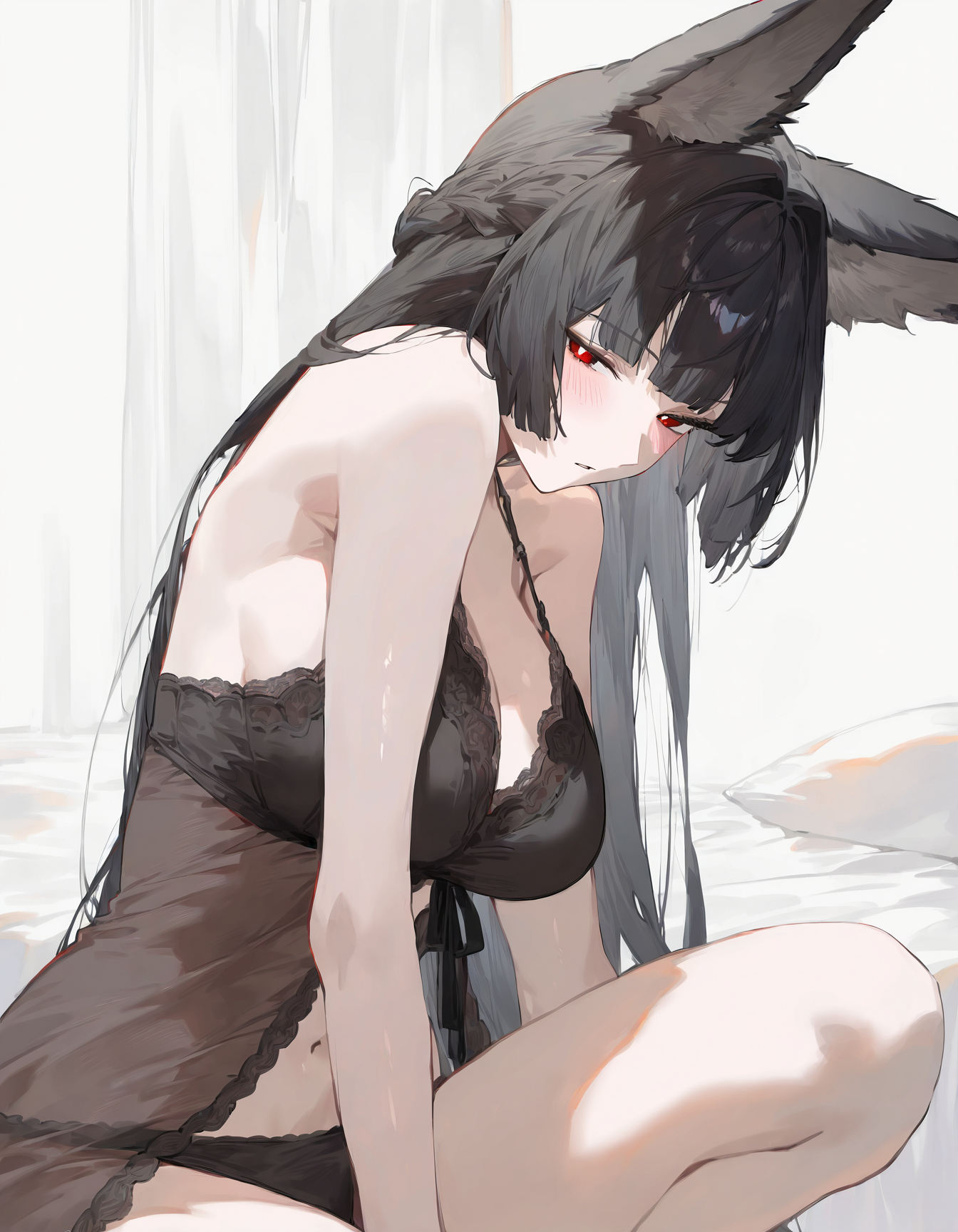 ai generated, bellmod3, black hair, blush, female, hoshimi miyabi, kitsune, looking at viewer, nightgown, on bed, red eyes, tagme, zenless zone zero