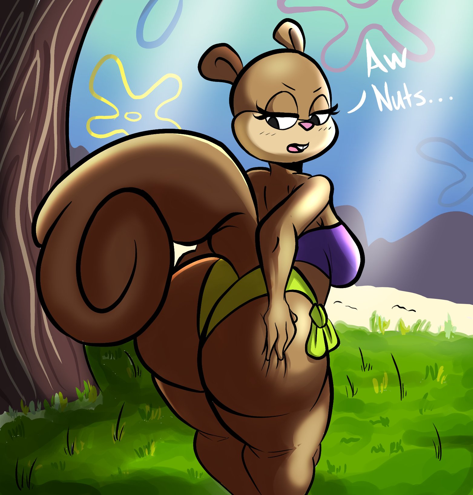 1girls, anthro, ass, ass grab, big ass, bra, brown fur, clothing, dialogue, enormous ass, eyelashes, fat ass, female, female only, furry, furry female, furry only, grass, green panties, hands on ass, huge ass, large ass, looking at ass, looking back, mammal, nathanatwar, nickelodeon, open mouth, panties, purple bra, rodent, sandy cheeks, sciurid, solo, solo female, solo focus, spongebob squarepants, squirrel, tail, text, thick ass, tree, tree squirrel, whateverdoes