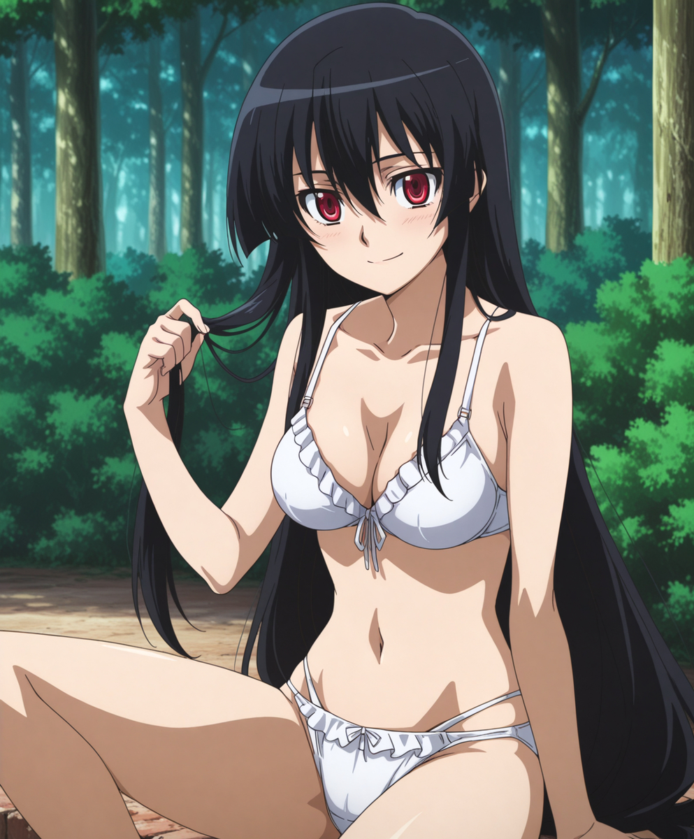 1girls, ai generated, akame (akame ga kill!), akame ga kill!, bikini, bluu ai, female, solo, swimsuit, white bikini