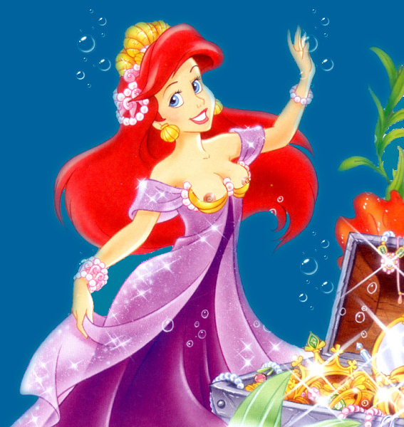 ariel blue_eyes bra bracelet disney dress earrings edit exposed_breasts female female_only fins fish fish_girl fish_tail hair human human_torso jewelry lipstick long_hair mermaid mermaid_tail nipples red_hair smile tail teeth the_little_mermaid underwater