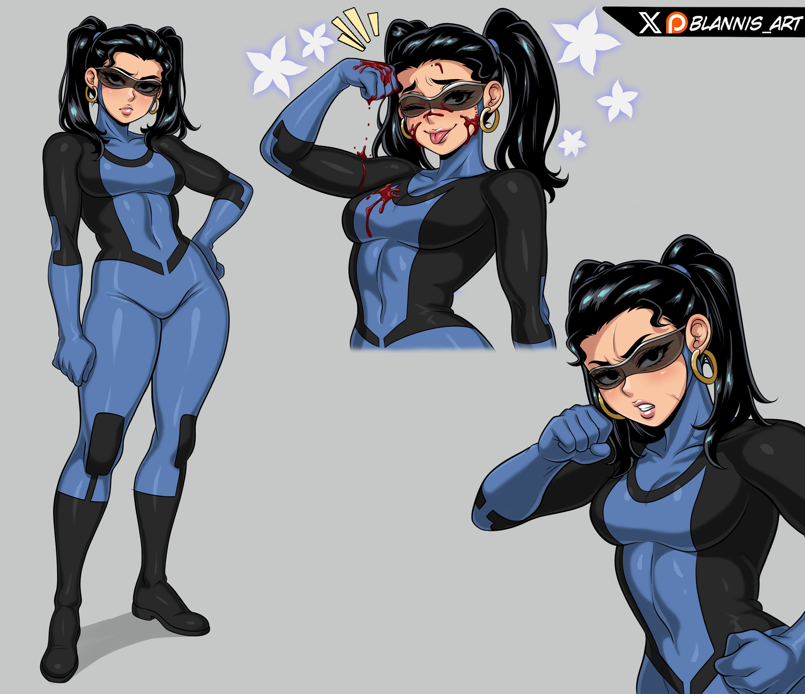black eyes, black hair, blannis art, blood, blood on face, clothed, clothed female, earrings, female, female only, femvincible, first porn of character, genderswap, genderswap (mtf), grey background, invincible, invincible (superhero), kneepad mark (invincible), mark grayson, rule 63, simple background, solo, twintails