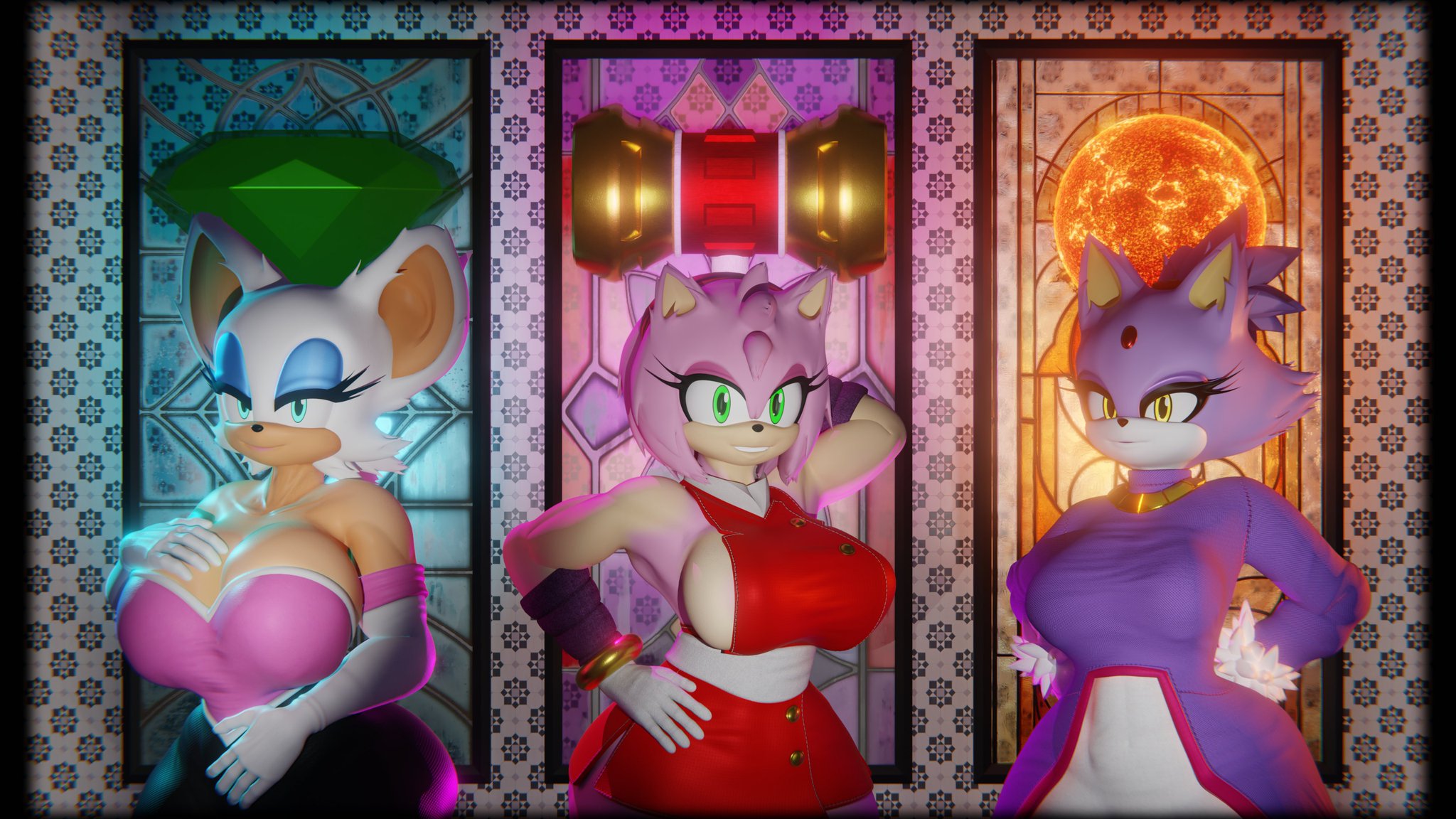 3d, 3d (artwork), amy rose, amy rose (boom), amy rose (reivene3d), arms on waist, bat ears, bat wings, big ass, big boobies, big breasts, big butt, big thighs, big titties, blaze the cat, blaze the cat (reivene3d), blue eyeshadow, bracelets, busty, busty female, cat ears, cat tail, curvaceous female, curvy, curvy female, curvy hips, eyelashes, gloves, green eyes, hedgehog ears, hedgehog girl, hedgehog humanoid, large breasts, muscular anthro, muscular female, panties, piko piko hammer, pink eyeshadow, red dress, reivene3d, rouge the bat, rouge the bat (reivene3d), sega, sonic (series), sonic the hedgehog (series), stockings, thick ass, thick butt, thick hips, thick thighs, thin waist, voluptuous, voluptuous anthro, voluptuous female, white panties, wide hips, wide thighs