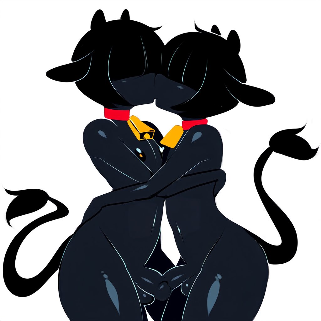 2boys, ai assisted, cow boy, cow horns, cow tail, cowbell, dark skin, dark-skinned femboy, femboy, femboy on femboy, frottage, gay, kissing, male, male on male, male/male, moxifloxi, naked, unknown character