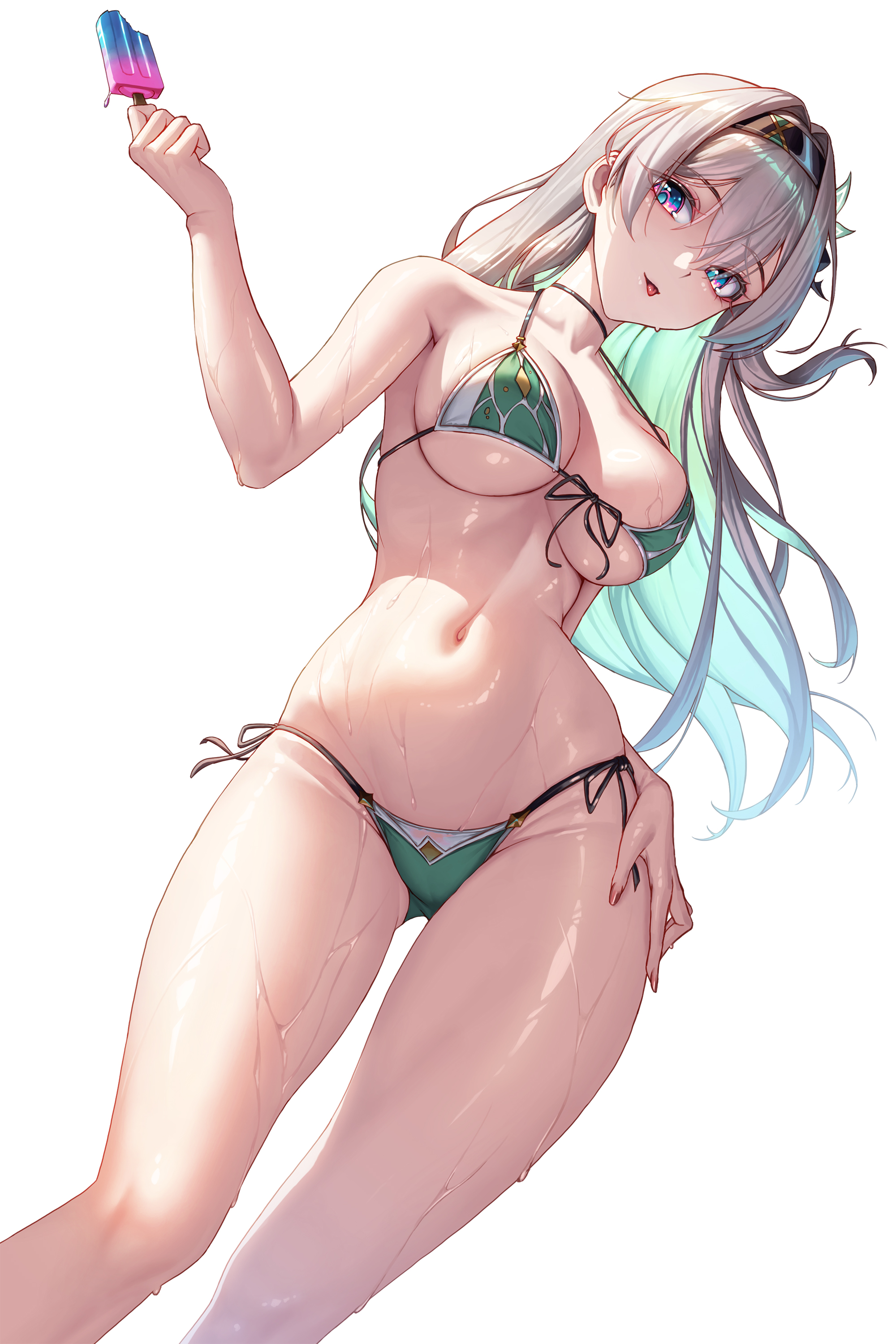 absurdres, alternate costume, bikini, black hairband, bowlp, breasts, colored inner hair, female, firefly (honkai: star rail), food, from below, green bikini, grey hair, hairband, highres, holding, holding food, holding popsicle, honkai (series), honkai: star rail, large breasts, multicolored hair, navel, popsicle, purple eyes, simple background, solo, stomach, swimsuit, tongue, tongue out, wet, white background