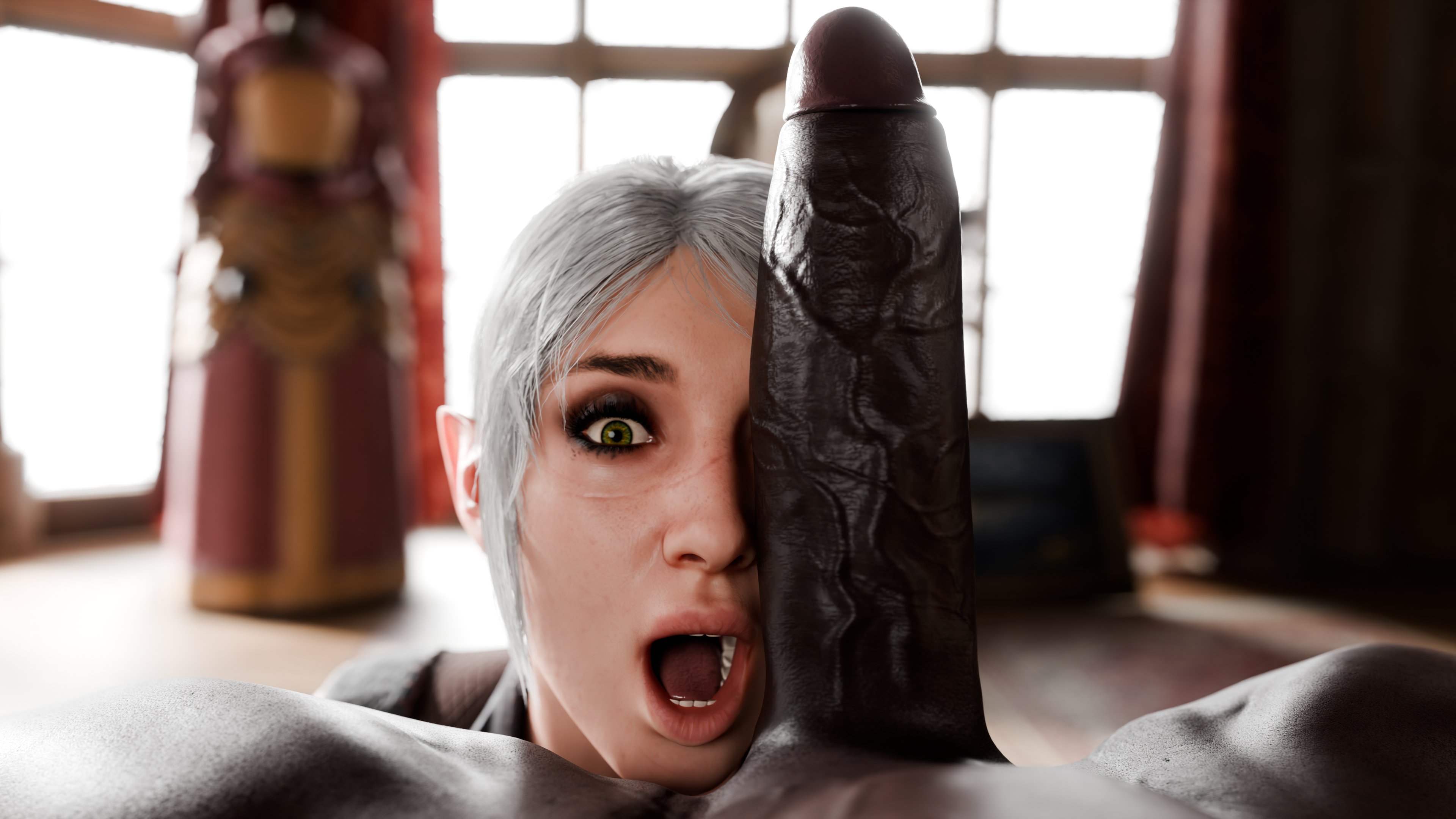 1boy, 1girls, 3d, artist upload, baldur's gate, baldur's gate 3, big penis, clothed, clothed female nude male, cock, cock shock, cock worship, completely nude, covered eyes, dark skin, dark-skinned male, derpderp, dungeons and dragons, duo, elf, elf ears, erect penis, face against penis, female, forgotten realms, green eyes, half-elf, hand on penis, holding penis, huge cock, interracial, light skin, light-skinned female, looking at partner, looking at viewer, male, male pov, male/female, mouth open, nude, nude male, open mouth, pale skin, pale-skinned female, partial male, penis, penis awe, penis covering eyes, penis on face, pointy ears, pov, pov eye contact, scar, scar on face, self upload, shadowheart, shocked, shocked expression, surprised, surprised expression, textless, unseen male face, veiny penis, white hair, wizards of the coast, wyll ravengard