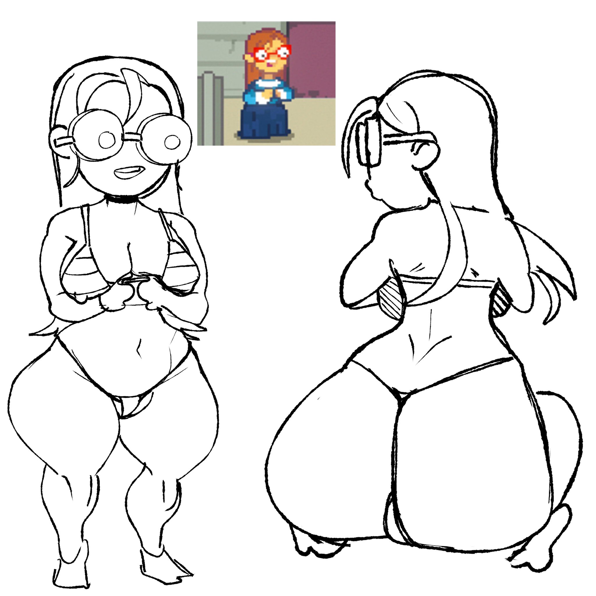 1girls, big ass, bikini, bikini top, black and white, boobs, bottom heavy, breasts, bubble butt, eliowrathful, fat ass, female, g string, glasses, gstring, huge ass, kindergarten (game), kindergarten 3, long hair, mature female, milf, ms. lovelett, sketch, tagme, thick thighs, thong, thong bikini