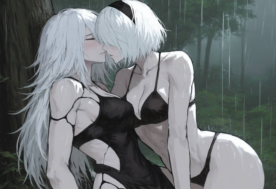 ai, ai generated, ai-created, android, female, kizirugai, nier: automata, white hair, yorha 2b, yorha a2, yuri
