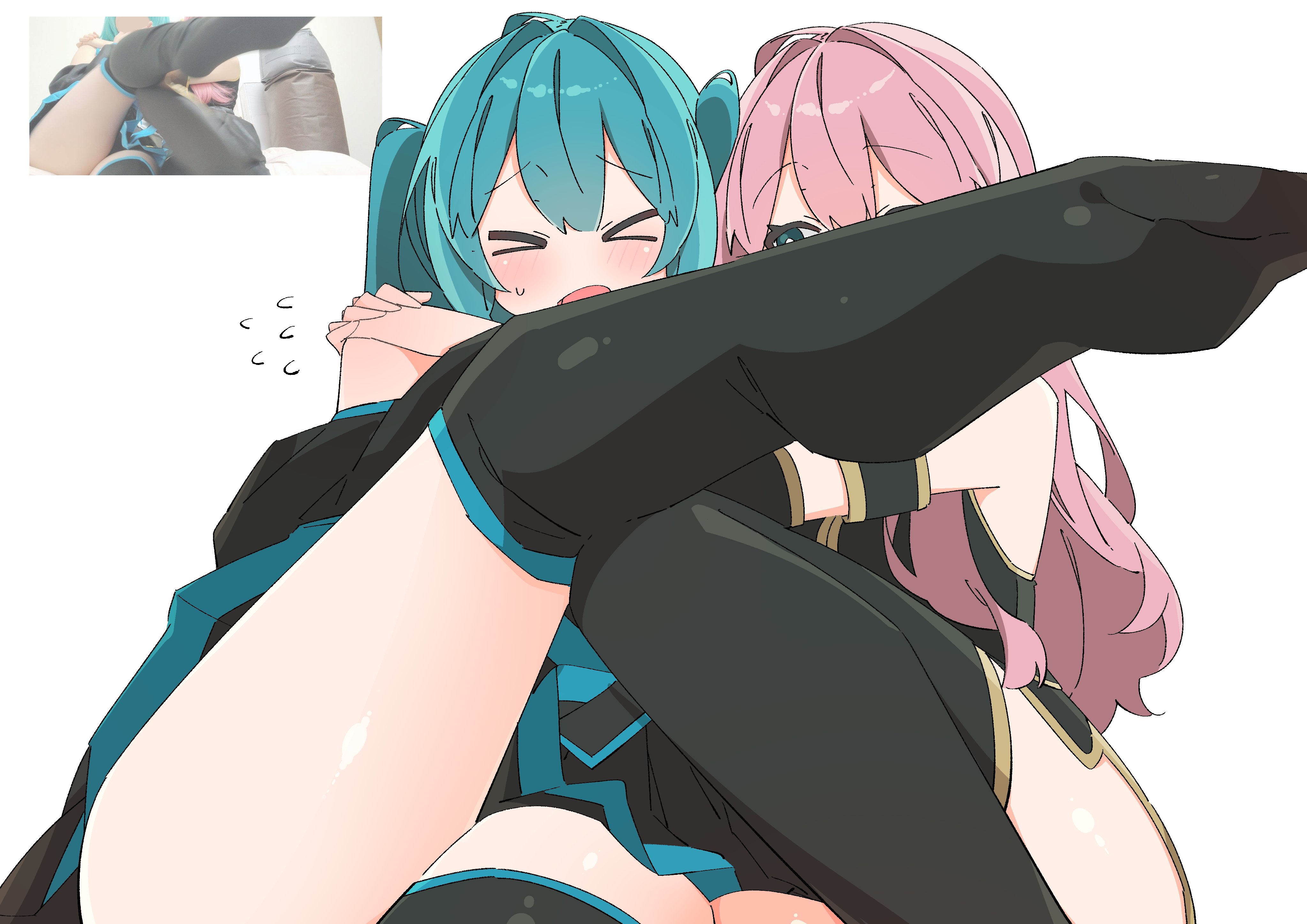 2girls, absurdres, aqua eyes, aqua hair, bare shoulders, black shirt, black skirt, blush, closed eyes, cuddling, detached sleeves, flying sweatdrops, hatsune miku, highres, long hair, megurine luka, miniskirt, multiple females, multiple girls, open mouth, pantyhose, photo-referenced, pink hair, pleated skirt, shirt, sitting, skirt, sleeveless, thighhighs, thighs, twintails, uruti 2388, vocaloid, wincing, yuri