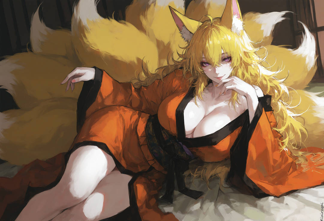 9 tails, ai generated, big breasts, breasts, female, fox ears, fox girl, kimono, kizirugai, multi tail, rwby, yang xiao long