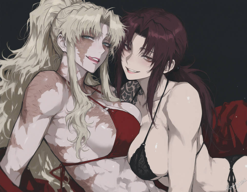 2girls, ai generated, balalaika, big breasts, black lagoon, breasts, female, kizirugai, lingerie, revy, scars, toned female, yuri