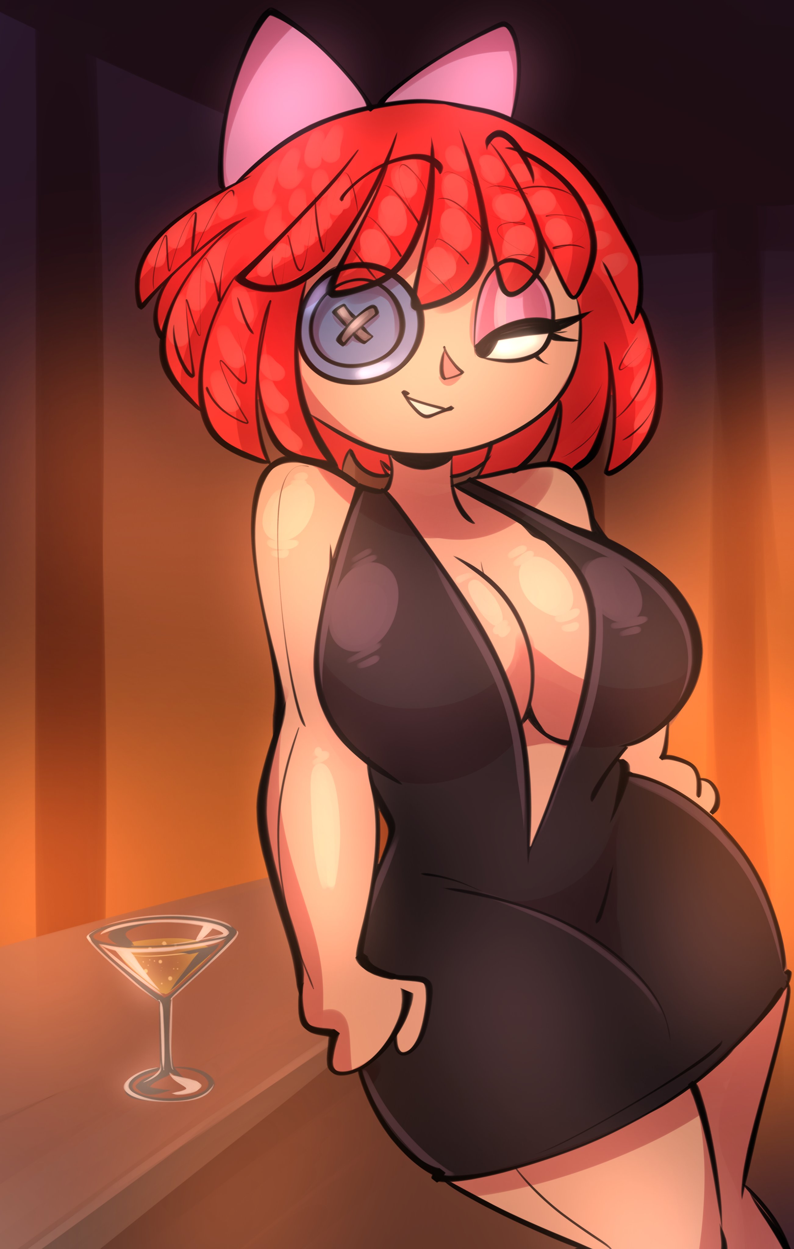 1girls, black dress, breasts, female, female only, glitch productions, jek korpen, ragatha (pub outfit), ragatha (the amazing digital circus), tagme, the amazing digital circus, thighs, wine, wine glass
