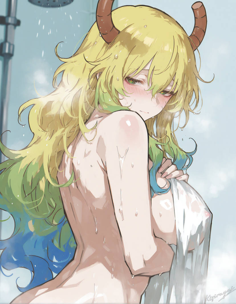 ai, ai generated, ai-created, big breasts, breasts, female, horns, kizirugai, lucoa, lucoa (maidragon), miss kobayashi's dragon maid, multicolored hair, nervous, quetzalcoatl (dragon maid), shower, towel