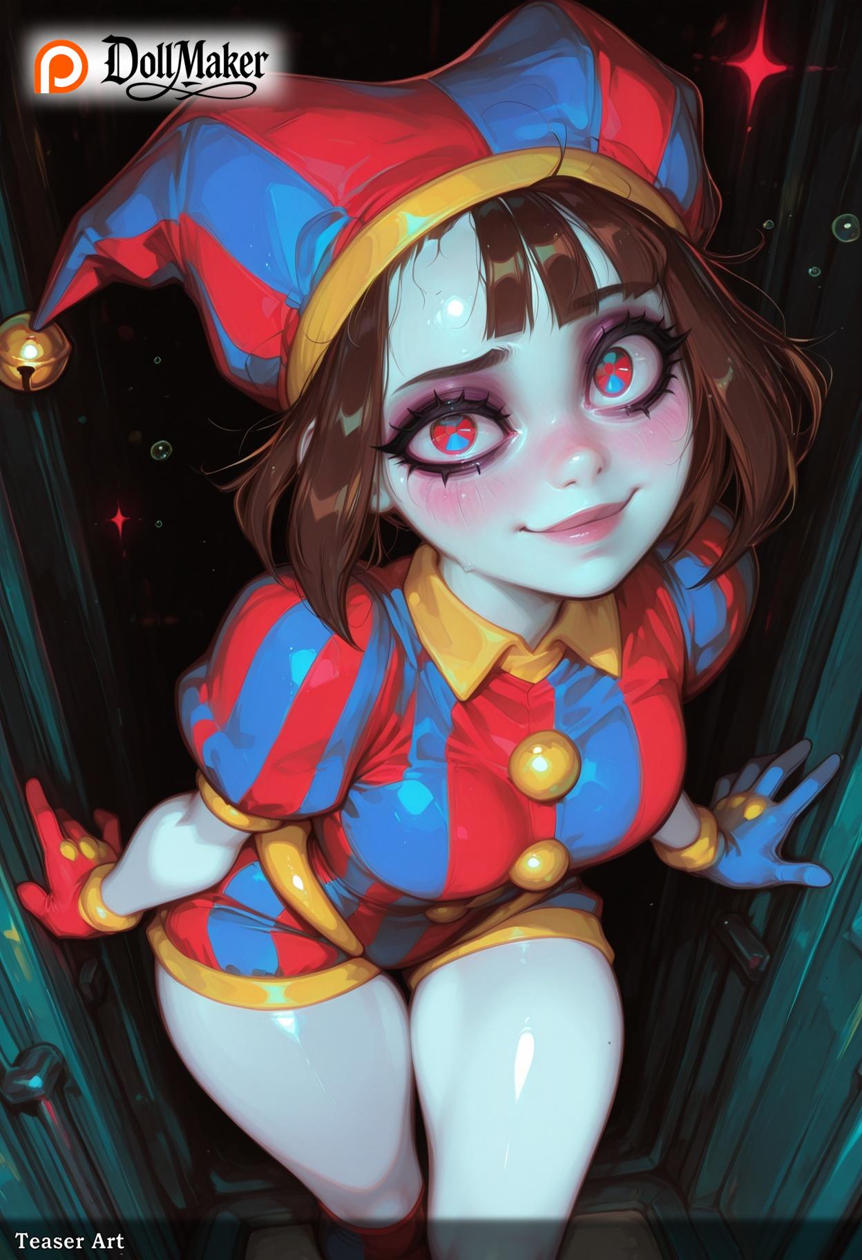 ai_generated bangs bell blush breasts brown_hair colored_skin dollmaker dollmaker_(artist) female gloves glowing hat heart heart-shaped_pupils jingle_bell looking_at_viewer medium_breasts patreon_username pomni_(the_amazing_digital_circus) short_hair short_sleeves smile solo sparkle symbol-shaped_pupils tagme watermark