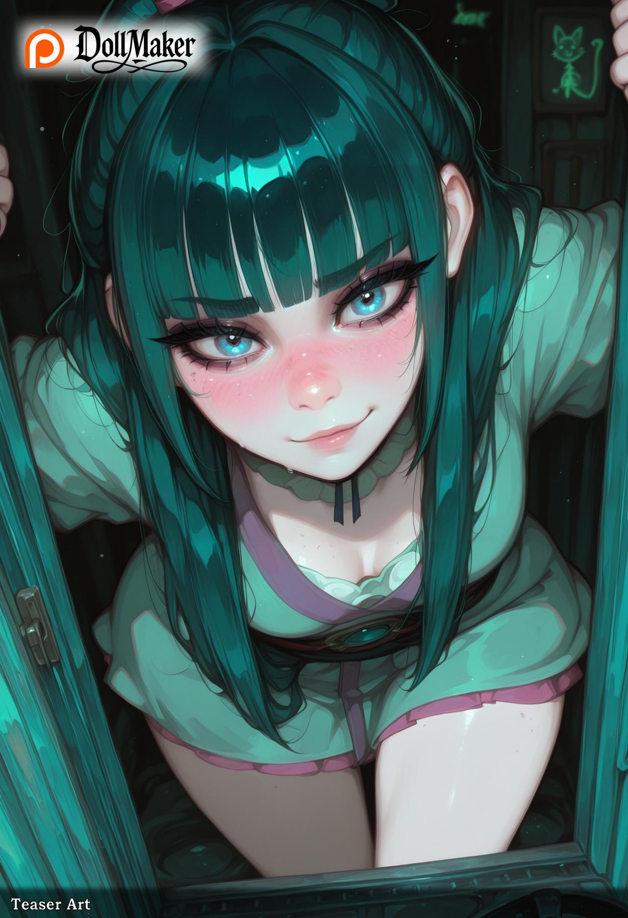 ai_generated aqua_eyes artist_name bangs blunt_bangs blush breasts deviantart_username dollmaker dollmaker_(artist) downblouse female long_hair looking_at_viewer maomao_(kusuriya_no_hitorigoto) patreon_username small_breasts solo tagme underwear watermark web_address