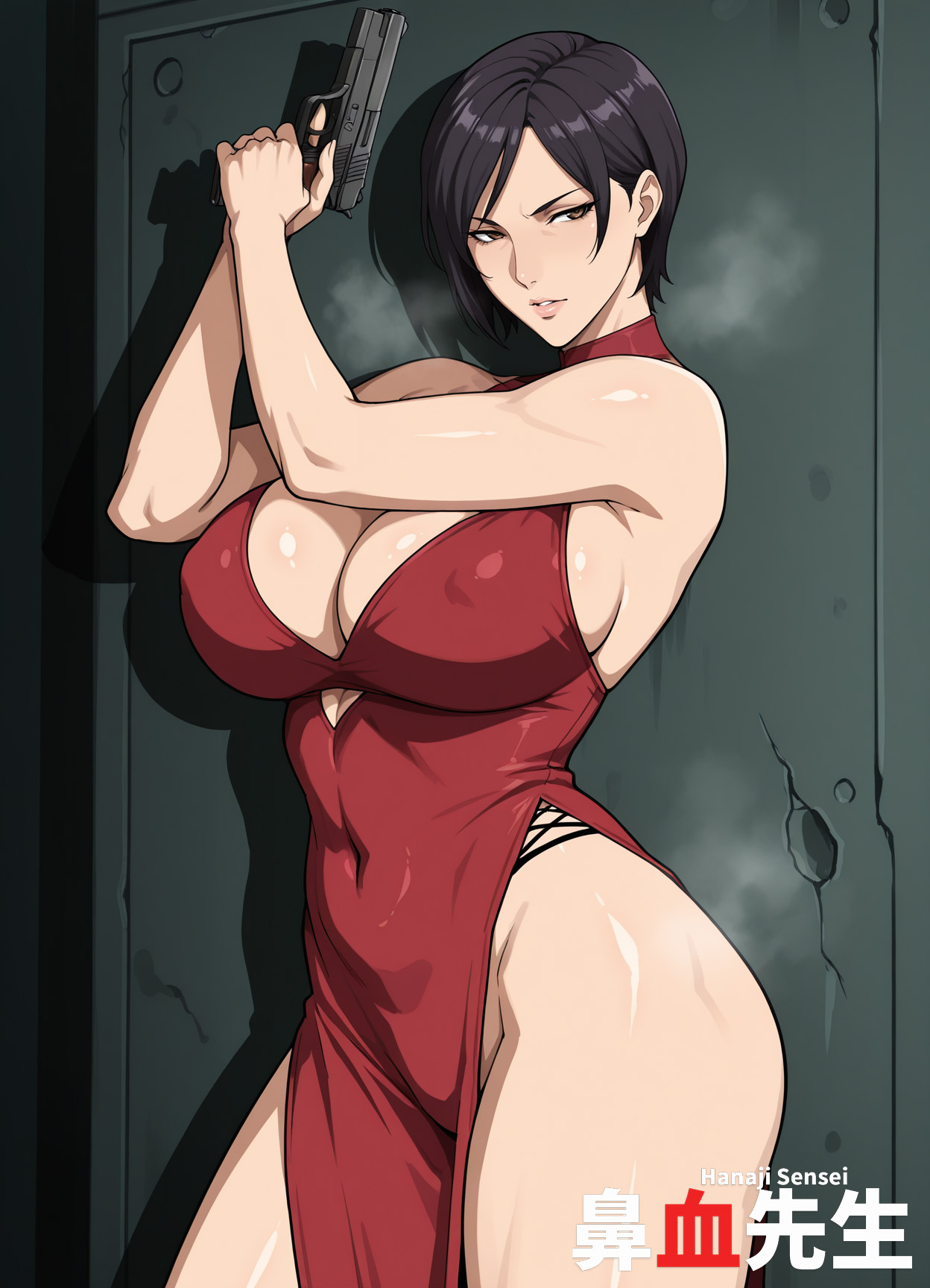 1girls, ada wong, ai generated, ass, black hair, breasts, brown eyes, cleavage, dress, female, gun, hanajisensei, handgun, huge breasts, mature, mature female, mature woman, no panties, red dress, resident evil, resident evil 2, short hair, side slit, thick thighs, 鼻血先生