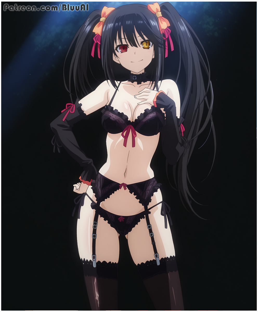 1girls ai_generated black_bra black_panties black_thighhighs bluu_ai bra date_a_live garter_belt heterochromia lingerie panties solo thighhighs tokisaki_kurumi