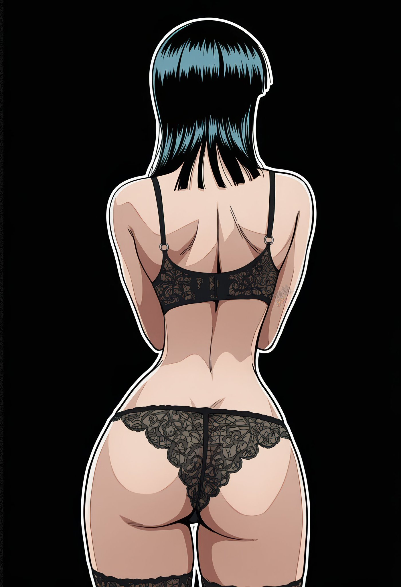 1girls, ai art, ai generated, ass, black hair, black lingerie, black panties, black-haired female, female, female only, lingerie, nico robin, one piece