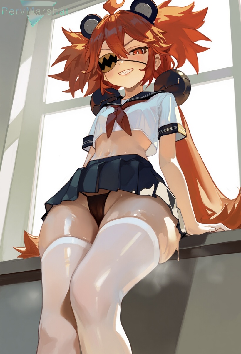 ai generated, black panties, breasts, crop top, female, female only, from below, koleda belobog, marshalperv, miniskirt, pervmarshal, school uniform, shiny skin, skirt, small breasts, thighhighs, zenless zone zero
