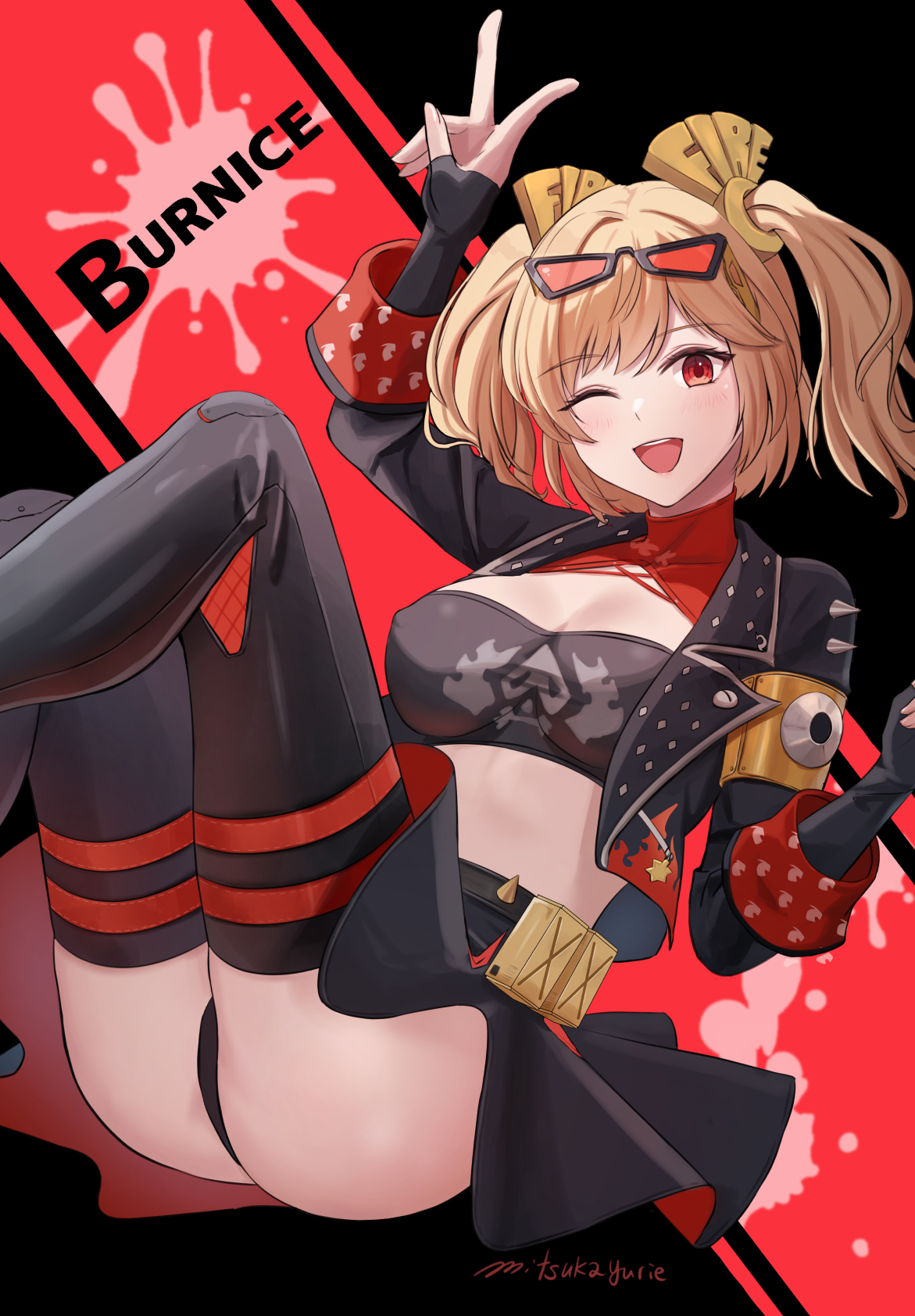 black jacket, black panties, black skirt, black thighhighs, black tube top, blonde hair, breasts, burnice white, character name, collar, commentary, eyewear on head, feet out of frame, female, female only, flame print, hair ornament, highres, jacket, large breasts, looking at viewer, medium hair, miniskirt, mitsukayurie, one eye closed, open clothes, open jacket, open mouth, orange eyes, orange-tinted eyewear, panties, red collar, signature, skirt, smile, solo, strapless, sunglasses, teeth, thighhighs, tinted eyewear, tube top, twintails, underwear, upper teeth, v, zenless zone zero