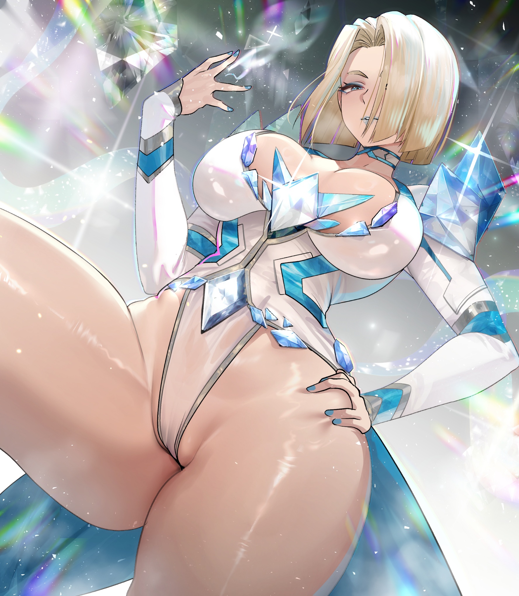 below view, blonde eyebrows, blonde female, blonde hair, blue eyes, blue eyeshadow, blue lips, blue lipstick, blue nails, bob cut, breasts, cameltoe, choker, curvy, emma frost, emma frost (marvel rivals), eyebrows, eyelashes, eyeshadow, female, female only, hair over one eye, hand on hip, hand on own hip, highres, hips, large breasts, legs, leotard, light skin, light-skinned female, looking at viewer, looking down, low-angle view, marvel, marvel comics, marvel rivals, medium hair, no bra, no panties, one arm up, one leg bent, one leg raised, pussy, shaved, shaved pussy, shiny skin, short hair, slightly open mouth, solo, sparkle, standing on one leg, teddypocky, thick legs, thick thighs, thighs, transparent clothing, viewed from below, white leotard, wide hips, x-men