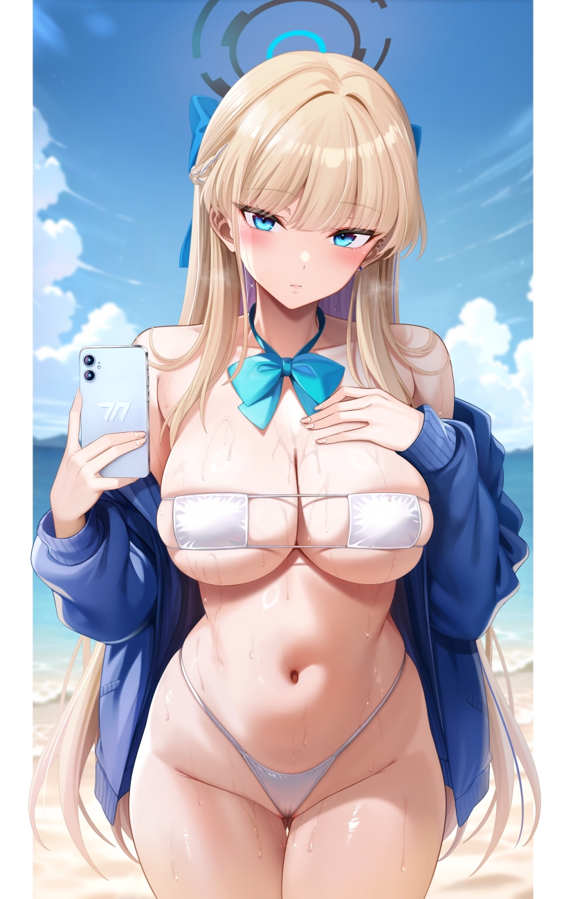 alternate costume, aqua bow, aqua bowtie, beach, bikini, blue archive, blue eyes, blue halo, blue jacket, blue sky, blush, bow, bowtie, breasts, cellphone, cleaning & clearing (blue archive), cleavage, closed mouth, cowboy shot, day, female, gluteal fold, halo, highres, holding, holding phone, jacket, large breasts, long hair, long sleeves, looking at viewer, millennium science school student, navel, nipples, ocean, official alternate hairstyle, oni-noboru, open clothes, open jacket, outdoors, paid reward available, phone, sideboob, sky, smartphone, solo, stomach, swimsuit, toki (blue archive), underboob, water, wet, white bikini