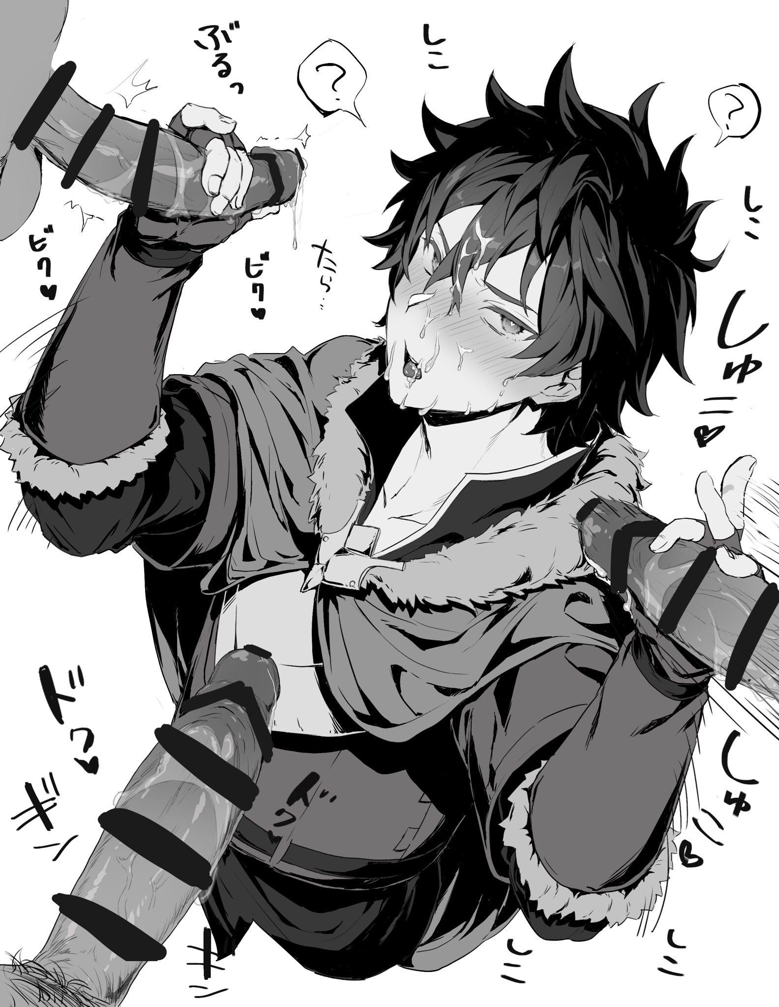 blush, cum on face, gangbang, gay, handjob, iwatani naofumi, male, male focus, male only, msg, penis, surrounded by penises, tate no yuusha no nariagari, the rising of the shield hero, yaoi
