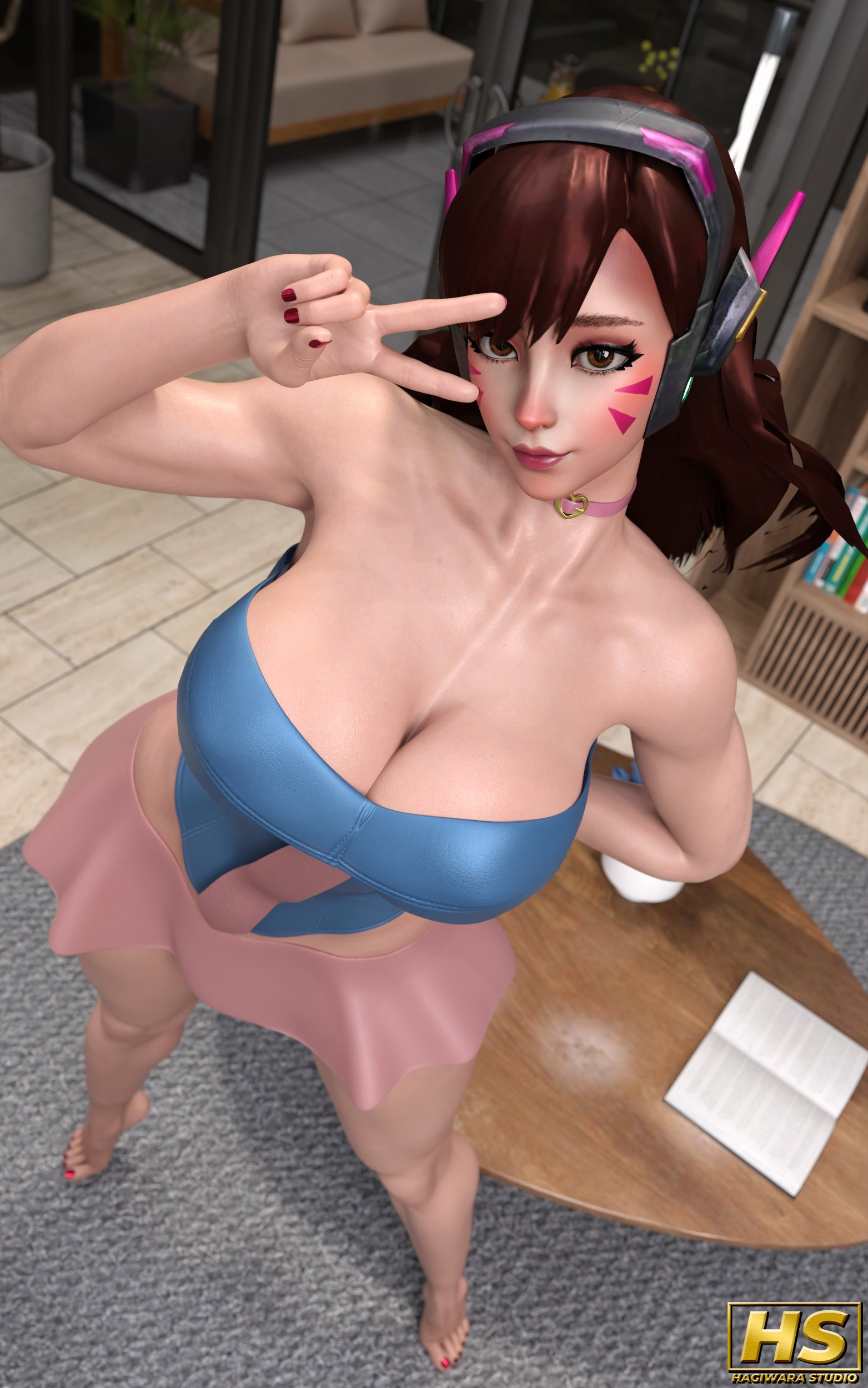 1girls, 3d, ass, big ass, big breasts, blizzard entertainment, breasts, brown hair, d.va, exposed breasts, female, female only, hagiwara studio, hana song, overwatch, solo, thick thighs, wide hips