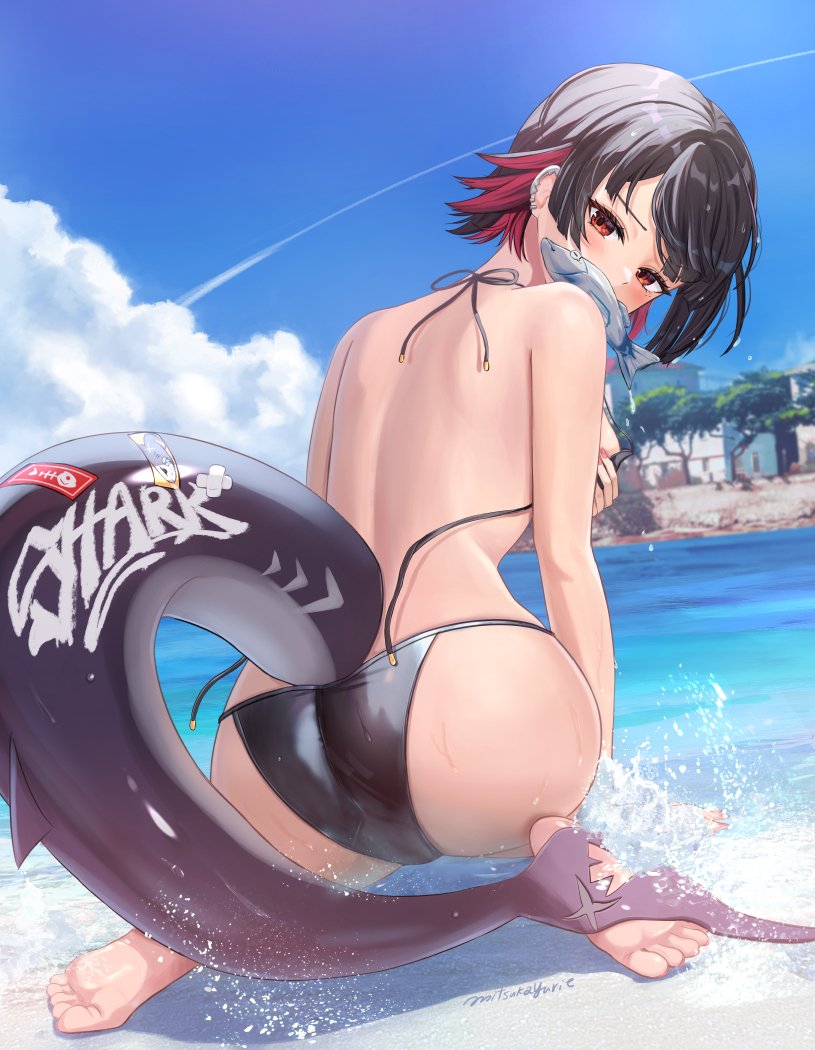 ass, barefoot, beach, bikini, black bikini, black hair, blush, cloud, colored skin, day, ellen joe, feet, female, female only, fins, fish, fish tail, from behind, looking at viewer, looking back, mitsukayurie, outdoors, red eyes, shark tail, short hair, soles, solo, swimsuit, tail, water, wet, zenless zone zero