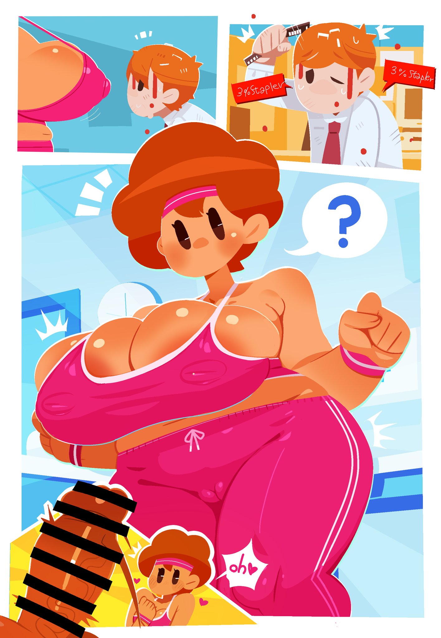 afro, afro hair, areolae, auburn hair, bar censor, bbw, big breasts, breasts, cameltoe, censored, chubby, chubby female, curvy, huge breasts, mob face, penis, penis awe, plump, puffy nipples, sarikyou, sweating, thick thighs, tight clothing, voluptuous, yoga pants
