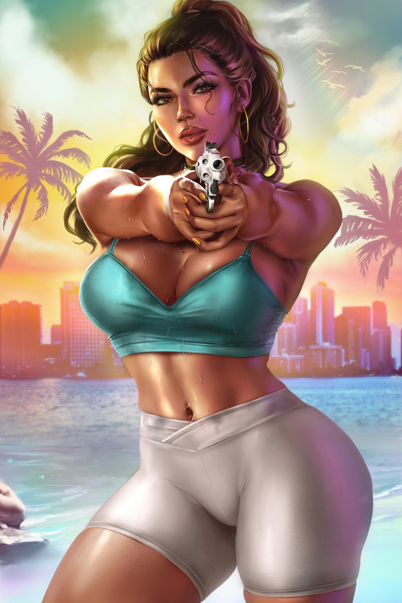 1girls, ass, big ass, big breasts, big thighs, breasts, brown eyes, brown hair, bust, busty, chest, clothing, curvaceous, curvy, curvy figure, dark skin, digital media (artwork), female, firearm, grand theft auto, grand theft auto vi, gun, handgun, hips, hourglass figure, human, latina, legs, logan cure, looking at viewer, lucia caminos, mature, mature female, navel, puerto rican, revolver, rockstar games, slim waist, tan body, tan skin, tan-skinned female, thick, thick hips, thick legs, thick thighs, thighs, voluptuous, waist, weapon, wide hips, wide thighs