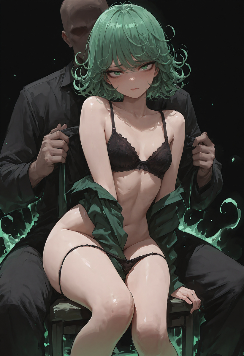 ai generated, breasts, green hair, lingerie, male, older male, one-punch man, panties down, petite, removing clothing, small breasts, tatsumaki