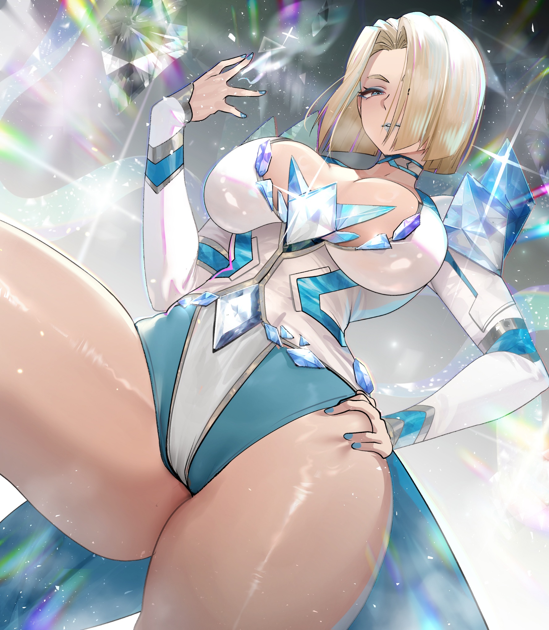 below view, blonde eyebrows, blonde female, blonde hair, blue eyes, blue eyeshadow, blue lips, blue lipstick, blue nails, bob cut, breasts, cameltoe, choker, curvy, emma frost, emma frost (marvel rivals), eyebrows, eyelashes, eyeshadow, female, female only, hair over one eye, hand on hip, hand on own hip, highres, hips, large breasts, legs, leotard, light skin, light-skinned female, looking at viewer, looking down, low-angle view, marvel, marvel comics, marvel rivals, medium hair, one arm up, one leg bent, one leg raised, pussy, shiny skin, short hair, slightly open mouth, solo, sparkle, standing on one leg, teddypocky, thick legs, thick thighs, thighs, viewed from below, white leotard, wide hips, x-men