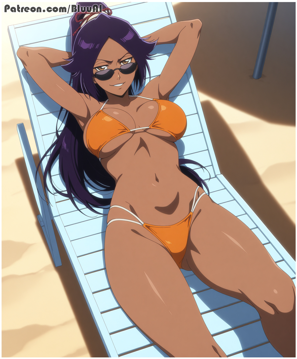 1girls ai_generated bikini bleach bluu_ai dark-skinned_female dark_skin female looking_over_eyewear looking_over_sunglasses orange_bikini shihouin_yoruichi solo sunglasses swimsuit tinted_eyewear