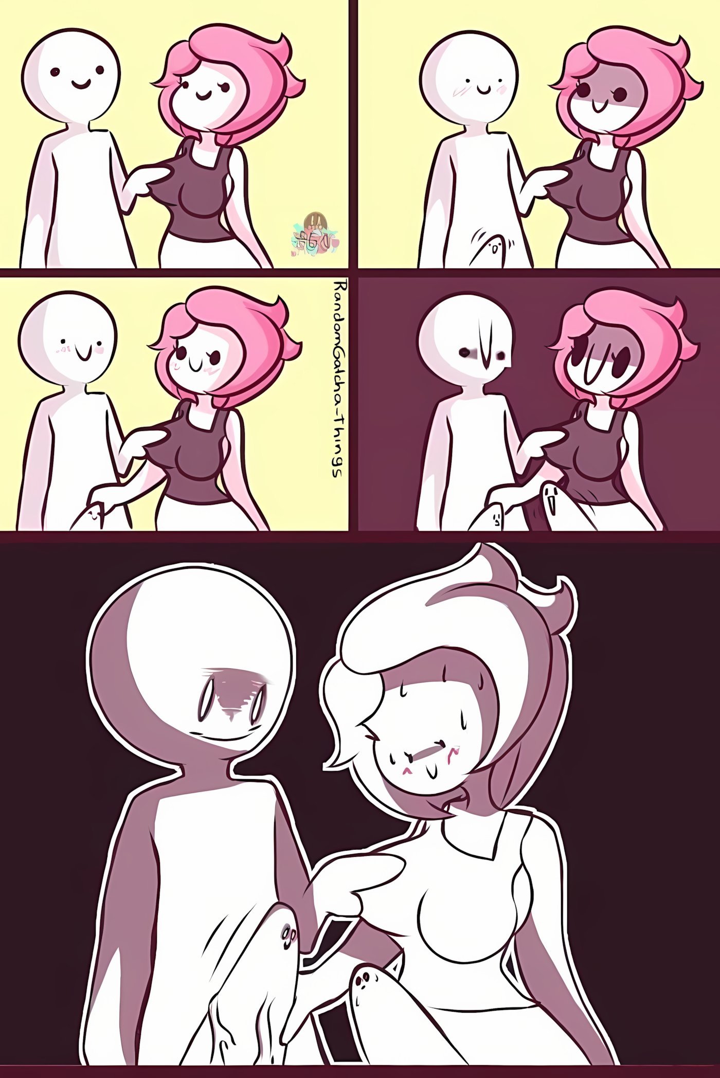 anon, artist name, big penis, blush, comic panel, erection under clothes, funny, futa is bigger, futa is smaller, futa with male, futanari, genitalia, hand on penis, hard cock, humor, imminent sex, intersex, male, male is bigger, meme, penis, penis with face, randomgacha-things, smile, sweat, vein, veiny penis