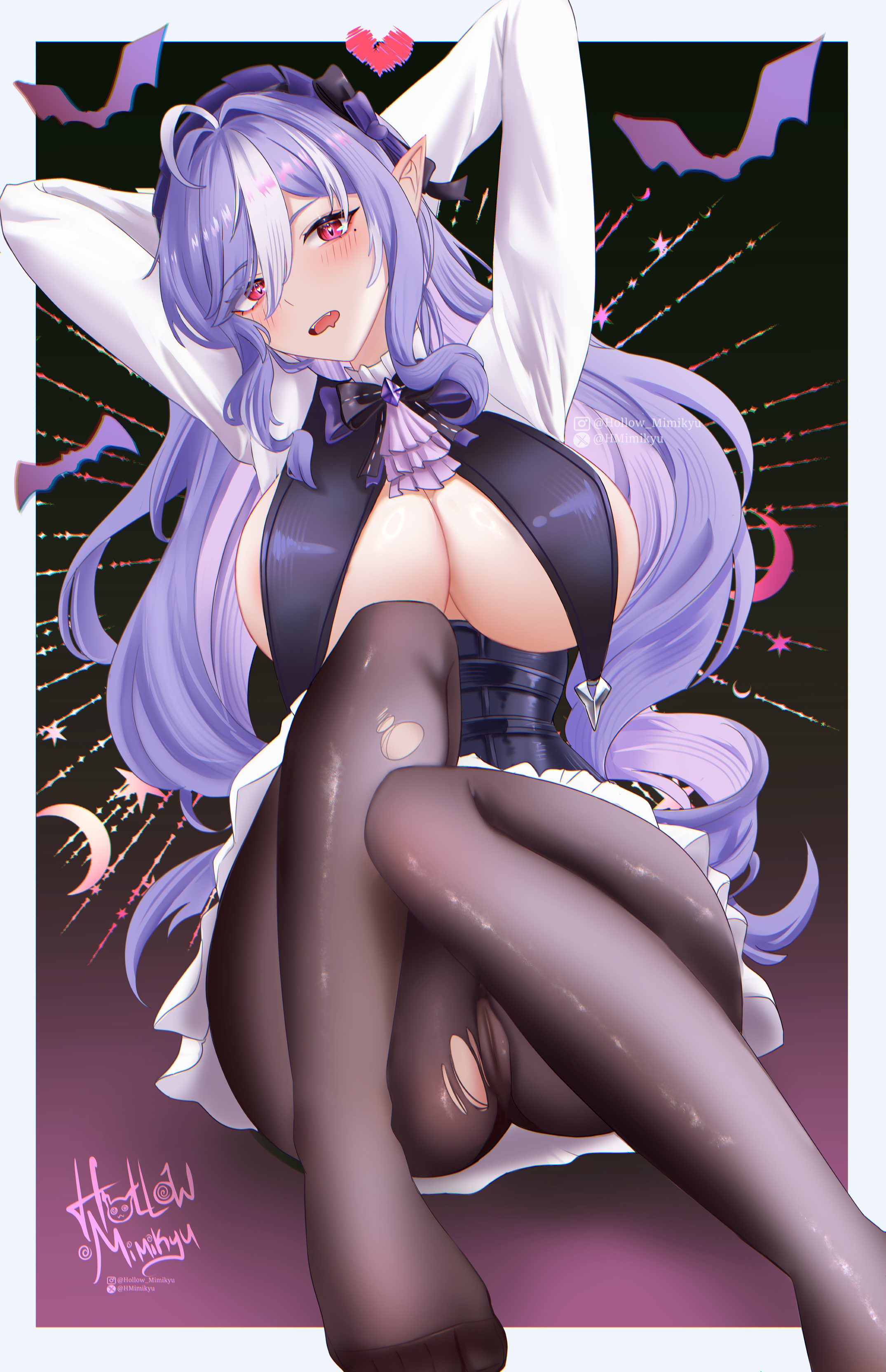 1girls, absurdres, ahoge, arms behind head, ascot, black bow, black bowtie, black pantyhose, blush, bow, bowtie, breasts, cameltoe, cleavage, commentary, female, female only, foot out of frame, hair between eyes, highres, hollow mimikyu, large breasts, long hair, looking at viewer, no shoes, open mouth, pantyhose, purple ascot, purple hair, pussy, red eyes, signature, sitting, solo, teeth, torn clothes, torn pantyhose, twitter username, twitter x logo, upper teeth, very long hair, vivian (zenless zone zero), vivian banshee, zenless zone zero