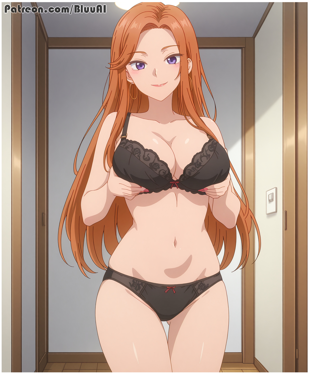 1girls ai_generated black_bra black_panties black_underwear bluu_ai dosanko_gal_wa_namara_menkoi fuyuki_mai orange_hair solo underwear