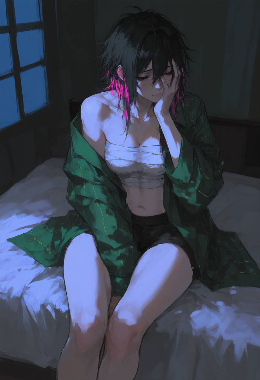 ai, ai generated, ai-created, chest wraps, female, kizirugai, lie ren, rwby, sitting on bed