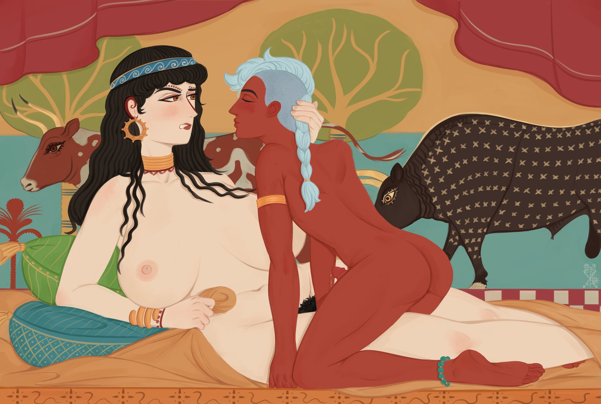ancient greece, big breasts, breasts, chocolate and vanilla, curvy, dark skin, dark-skinned femboy, dark-skinned male, dark-skinned sissy, dark-skinned twink, female, femboy, greek mythology, hera (greek mythology), hera (mythology), hourglass figure, huge breasts, interracial, jewelry, larger female, male, minoan, mycenaean, pubic hair, sanstitre, smaller male, white hair, zeus, zeus (greek mythology)