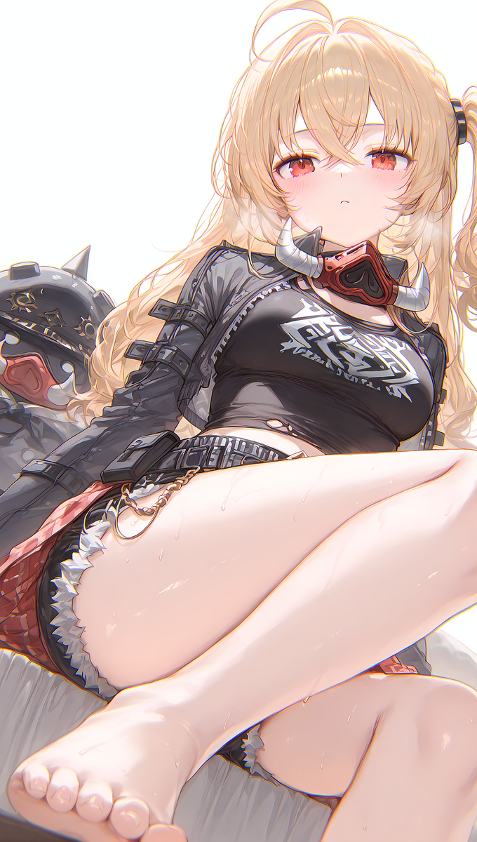 ai generated, blonde hair, booty shorts, breasts, feet, female, fur trim, luciana de montefio, petite, small breasts, zenless zone zero