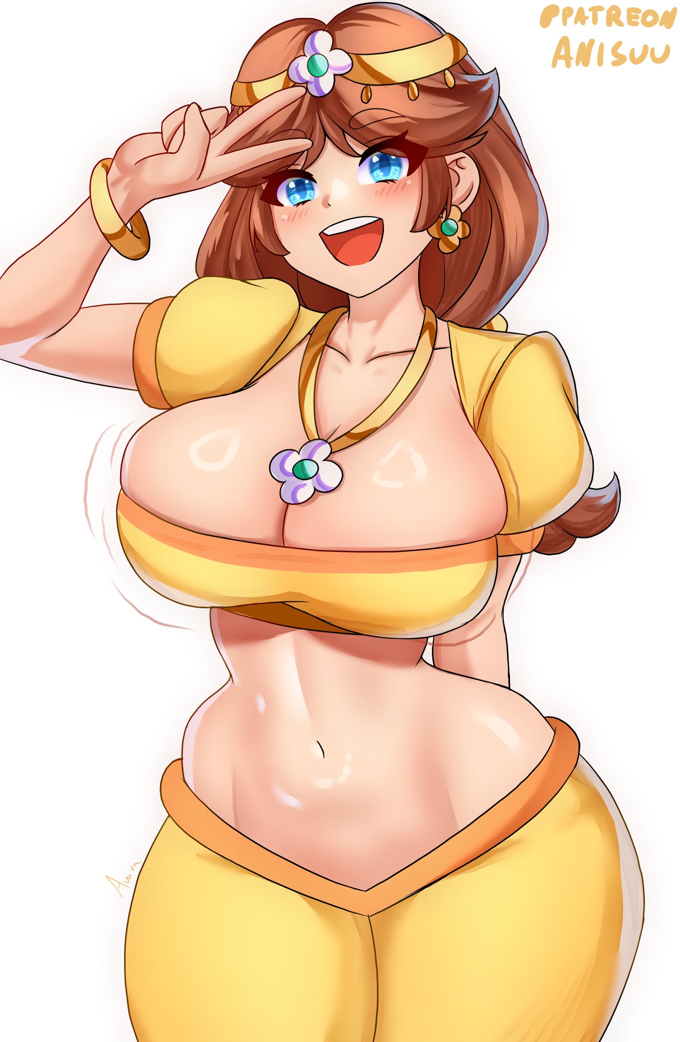 1girls, anisdrawn, arabian clothes, bandeau, belly dancing, blue eyes, bracelet, breasts, brown hair, circlet, crop top, earrings, female, female only, flower earrings, flower pendant, harem pants, highres, huge breasts, jewelry, long hair, lying, mario (series), mario kart, mario kart world, midriff, navel, necklace, nintendo, official alternate costume, on stomach, open mouth, orange pants, pants, princess daisy, princess daisy (oasis), puffy short sleeves, puffy sleeves, short sleeves, smile, yellow bandeau, yellow pants