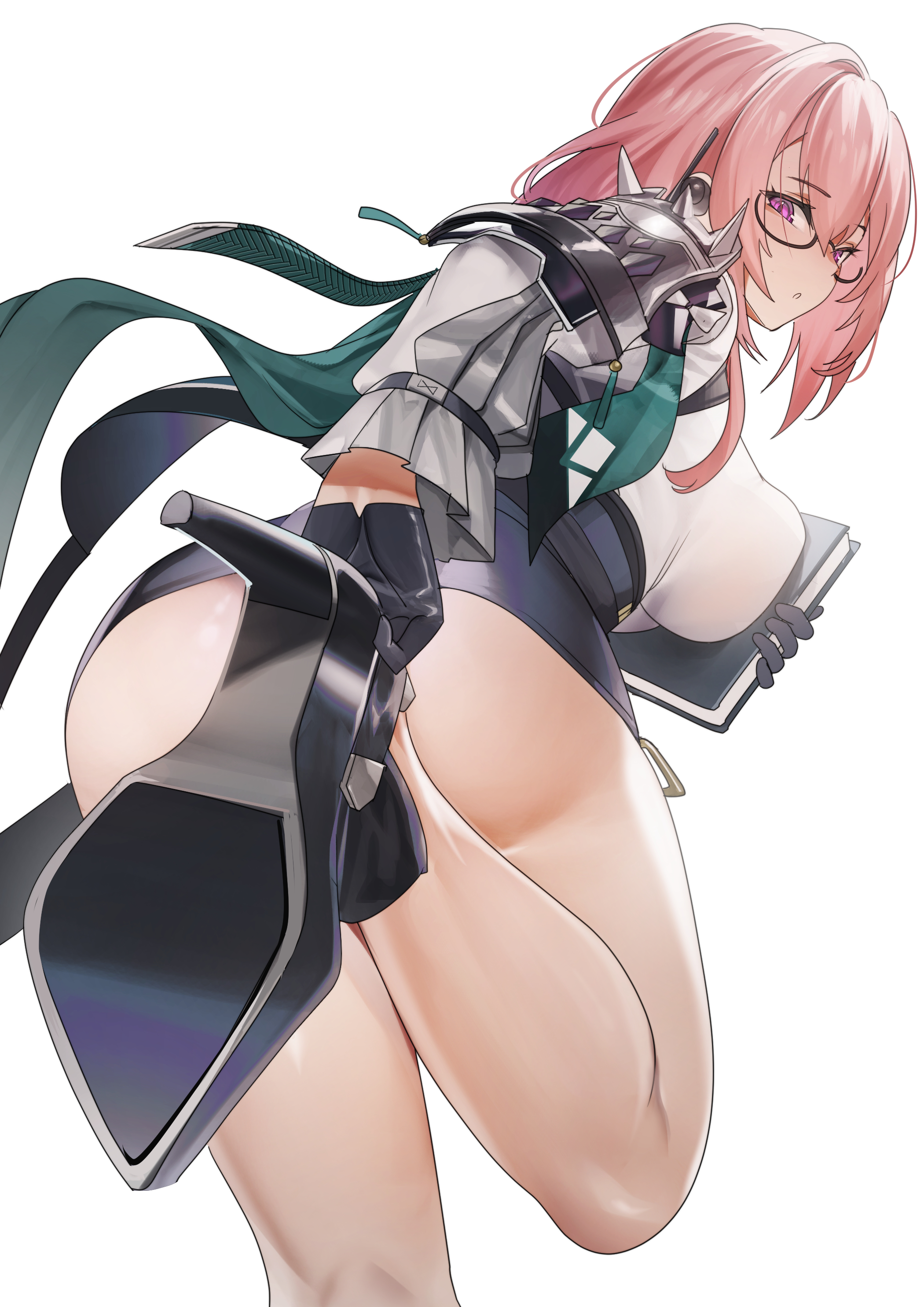 absurdres, adjusting footwear, armor, ass, bare legs, black gloves, black shoes, black skirt, black-framed eyewear, book, breast press, breasts, commentary request, curvy, earpiece, female, female only, from behind, glasses, gloves, hair between eyes, high heels, highres, holding, holding book, large breasts, legs, long hair, long sleeves, looking at viewer, partial commentary, pauldrons, pink hair, purple eyes, shirt, shoes, shoulder armor, sidelocks, simple background, skirt, solo, teddypocky, thick thighs, thighs, tsukishiro yanagi, white background, white shirt, zenless zone zero
