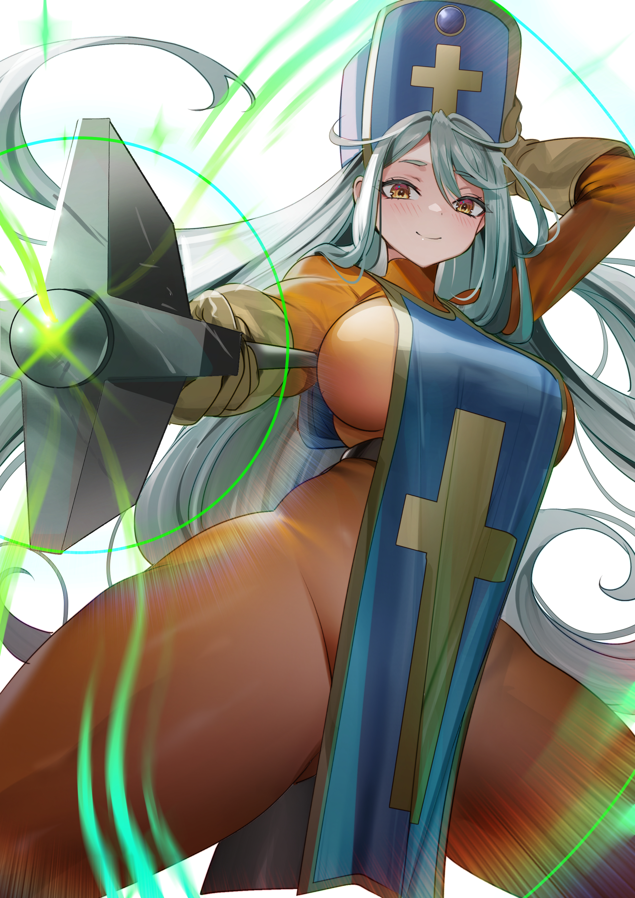 absurdres, blue hair, blue hat, blue tabard, blush, bodysuit, breasts, cross, cross print, dragon quest, dragon quest iii, female, female only, gloves, hat, highres, large breasts, light blue hair, long hair, long sleeves, looking at viewer, mace, mitre, orange bodysuit, orange eyes, priest (dq3), smile, solo, tabard, teddypocky, thick thighs, thighs, weapon, yellow glovesi.pximg.net/img-original/img/2024/1