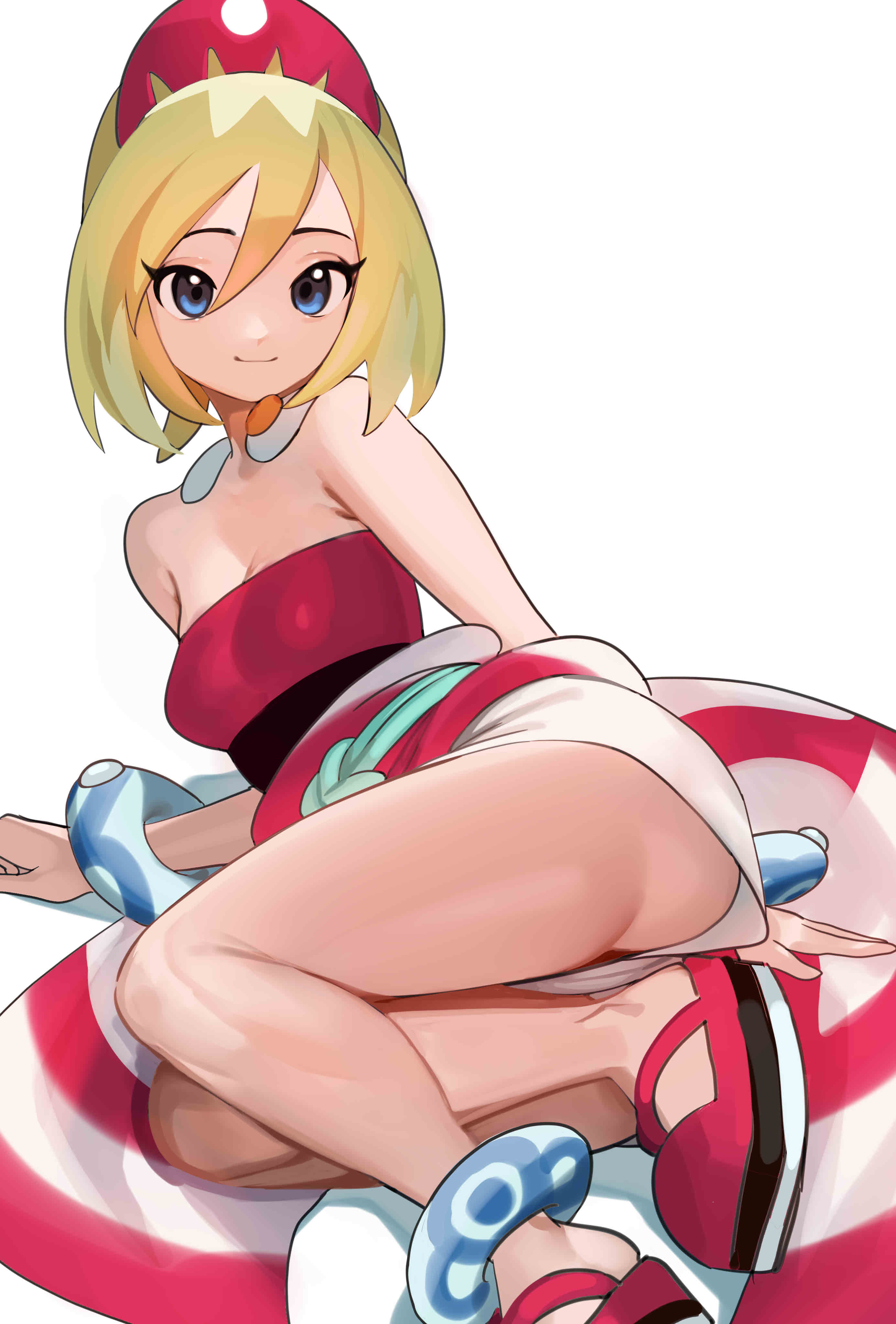 2d, 2d (artwork), 2d artwork, absurdres, ass, bare legs, bare shoulders, blonde hair, blue eyes, bracelet, breasts, closed mouth, commentary, female, female only, fit, fit female, hair ornament, highres, irida (pokemon), jewelry, laying down, laying on side, long eyelashes, looking at viewer, lying, lying down, lying on side, medium breasts, neck ring, nia (nia4294), nintendo, on side, pale skin, pale-skinned female, pokemon, red shirt, shirt, shoes, short hair, shorts, simple background, solo, strapless, symbol-only commentary, thick eyelashes, thighs, upshorts, waist cape