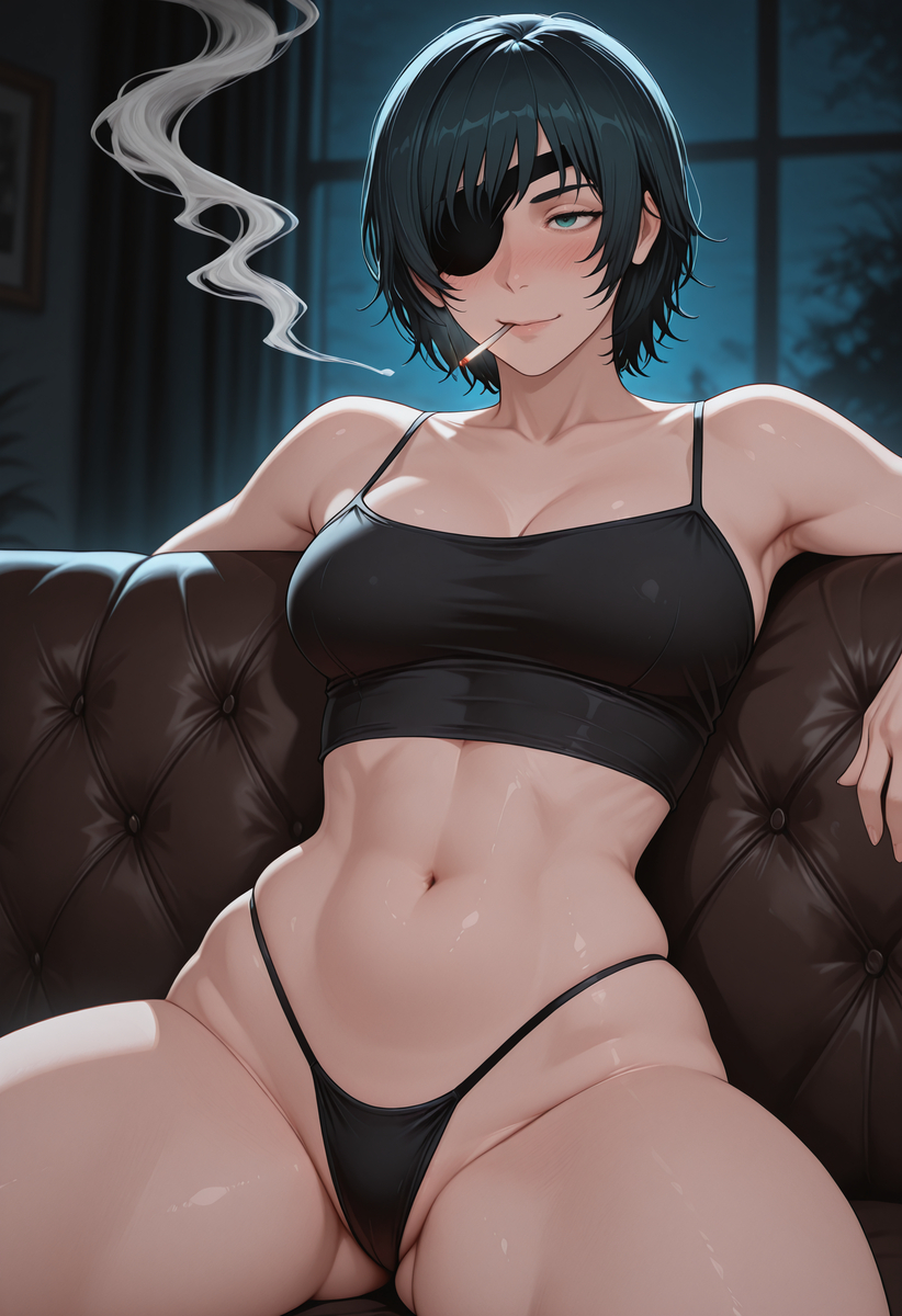 1girls ai_generated black_panties chainsaw_man cigarette eyepatch himeno_(chainsaw_man) mirimachina panties shirt_and_panties solo