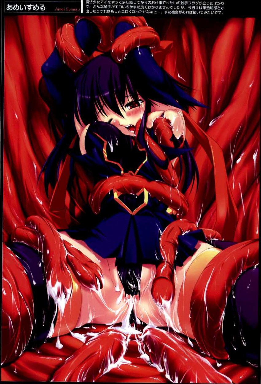 after_sex blue_hair breasts clothing cum cum_inside cumdrip detached_sleeves elbow_gloves gloves highres kagano_ai large_breasts mahou_shoujo_ai nipples rape red_eyes ribbon short_hair stockings tentacle thighhighs torn_clothes